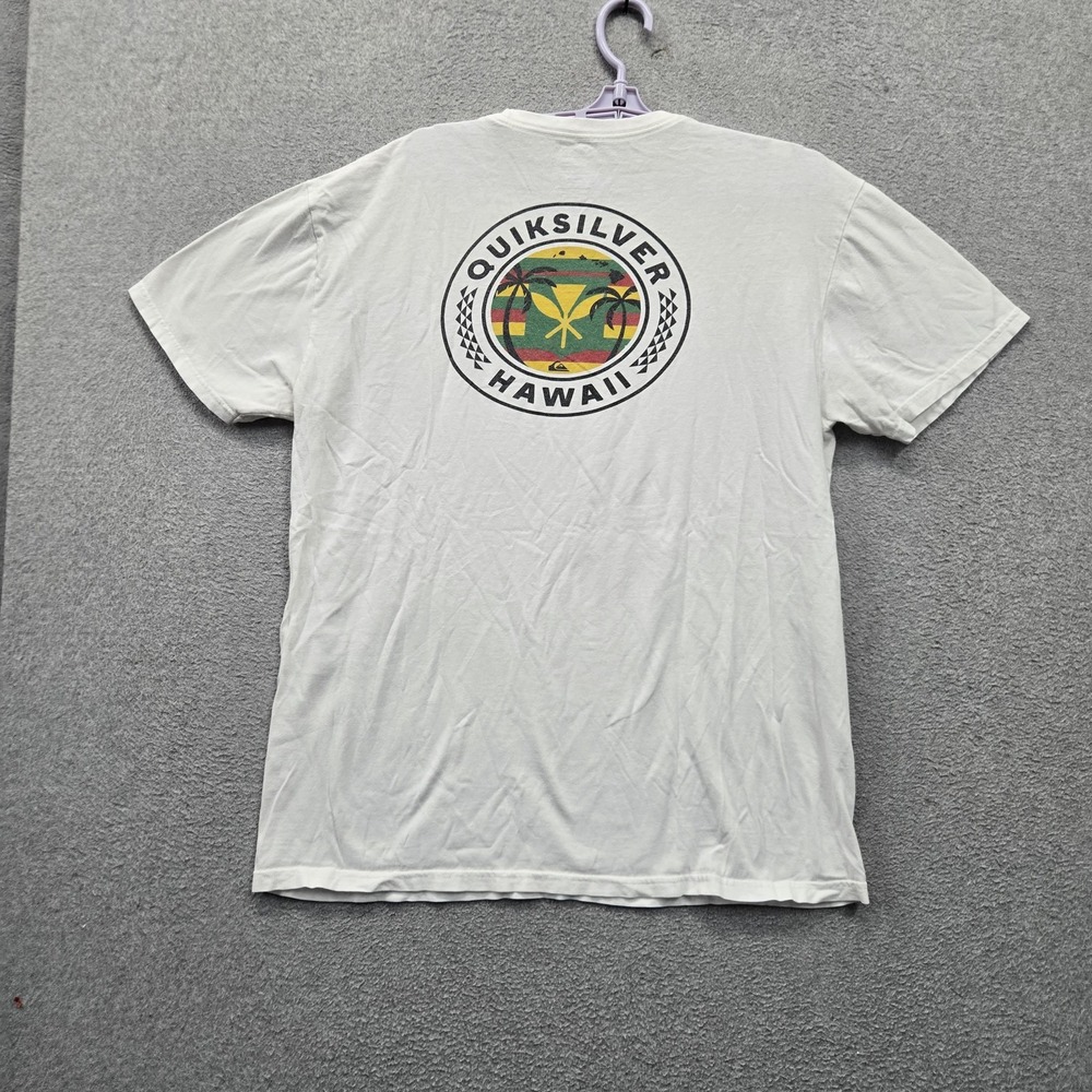 Quiksilver Men Shirt L White Graphic Hawaii Emblem Logo Short Sleeve Regular Fit